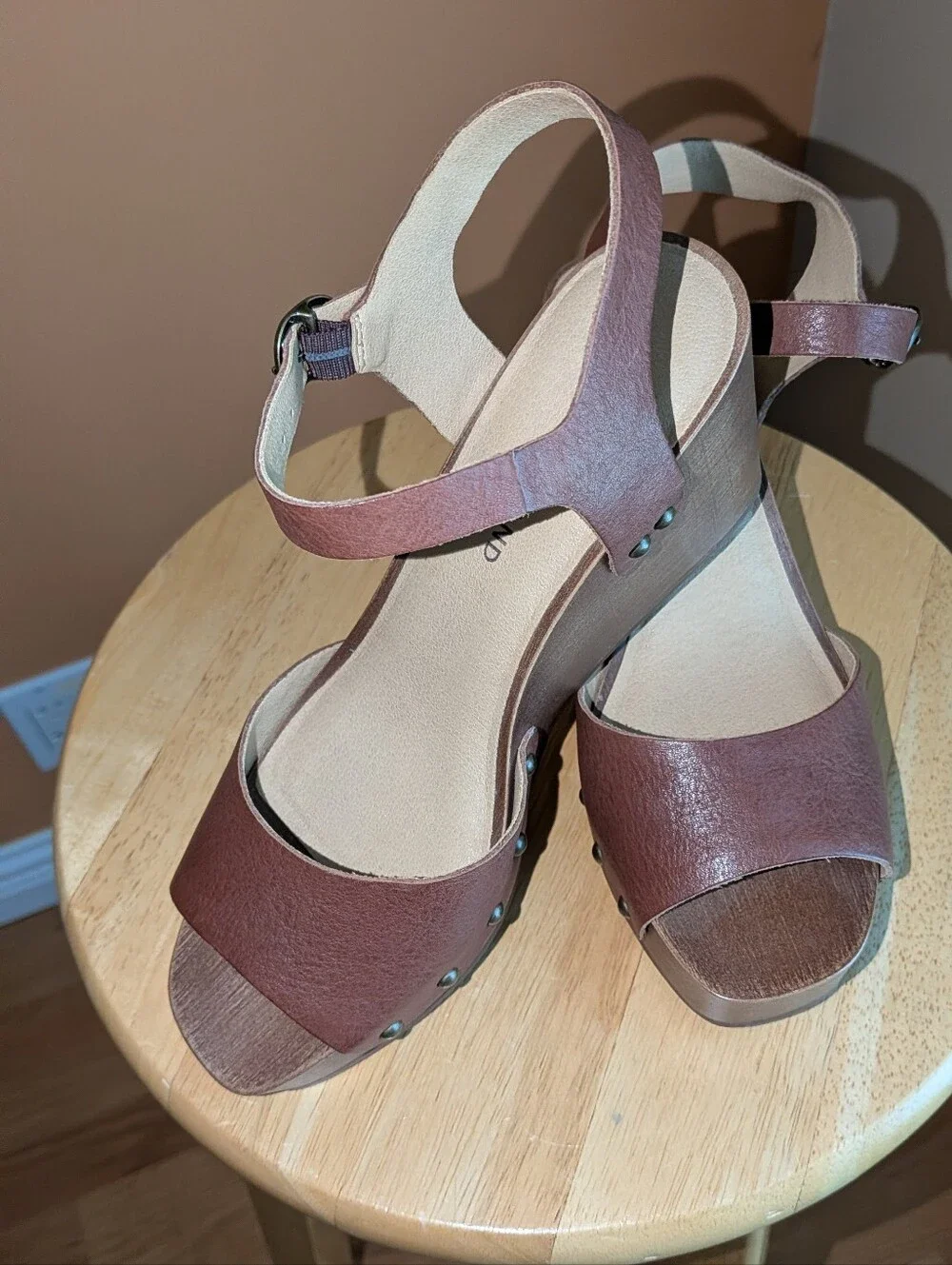 New Lucky Brand Brown Leather Platform Ankle-Strap Sandals Size 7.5
